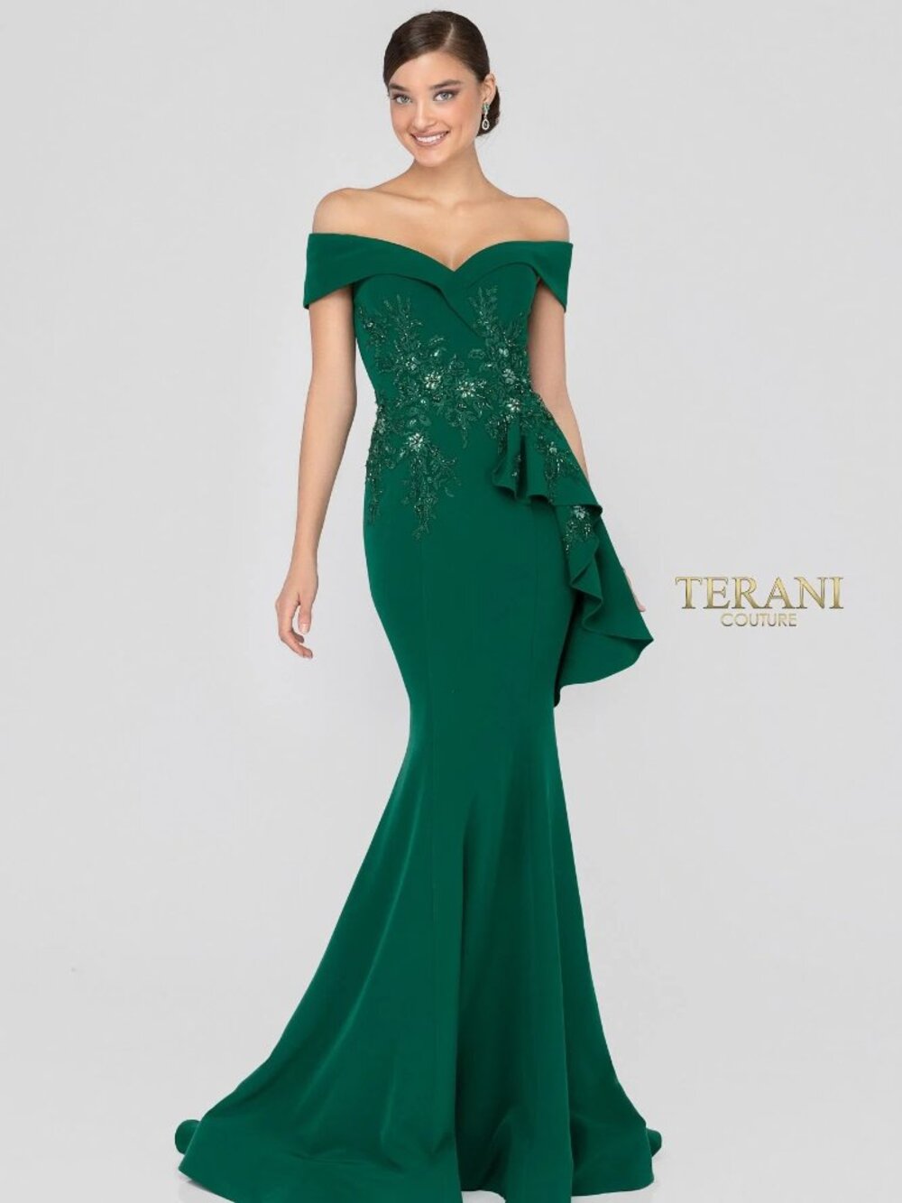 Terani Couture - Emerald Green Off Shoulder Side Drape Peplum Mermaid Gown